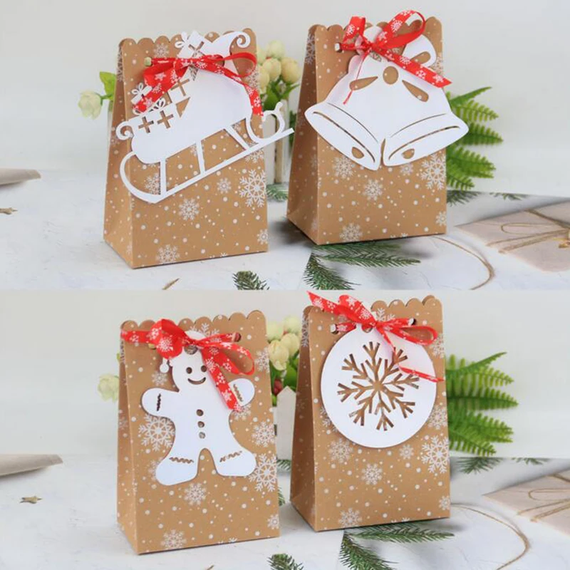 

12pcs Snowflake Kraft Paper Candy Box Favor Gift Bags With Ribbon Guests Cookie Packaging Box Merry Christmas Party Decoration