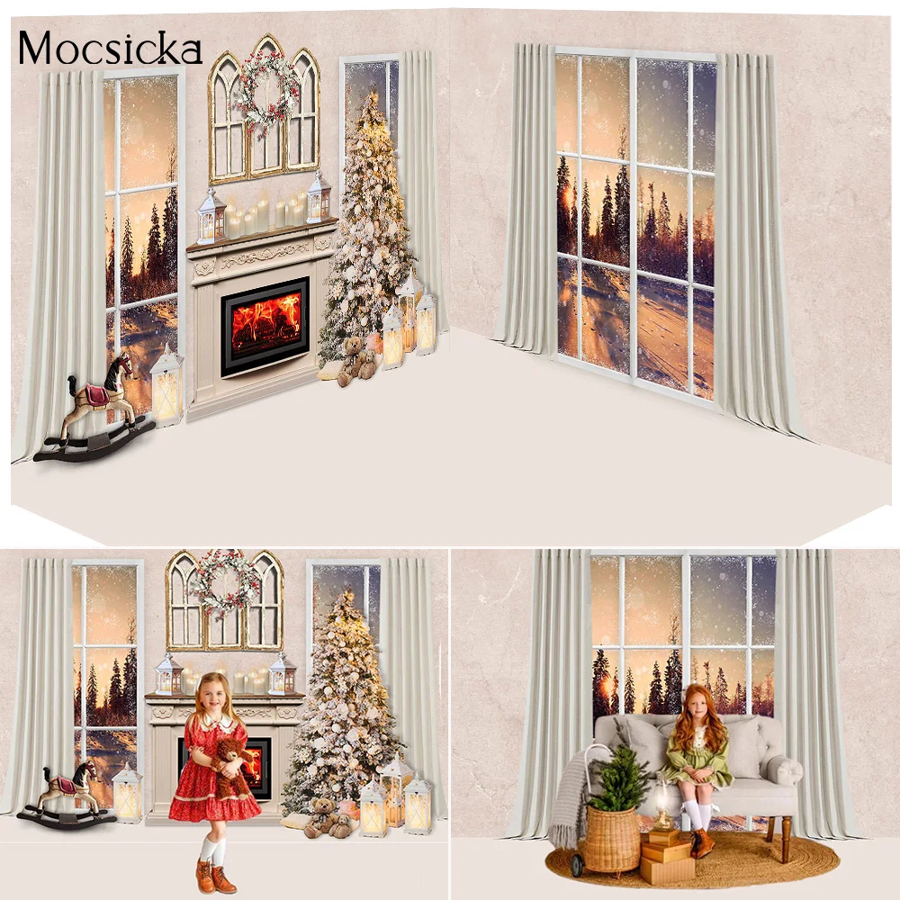 Christmas Window Room Photography Backdrop Studio Fireplace Birthday Background Winter Snowy Sunset Baby Portrait Photo Shoot