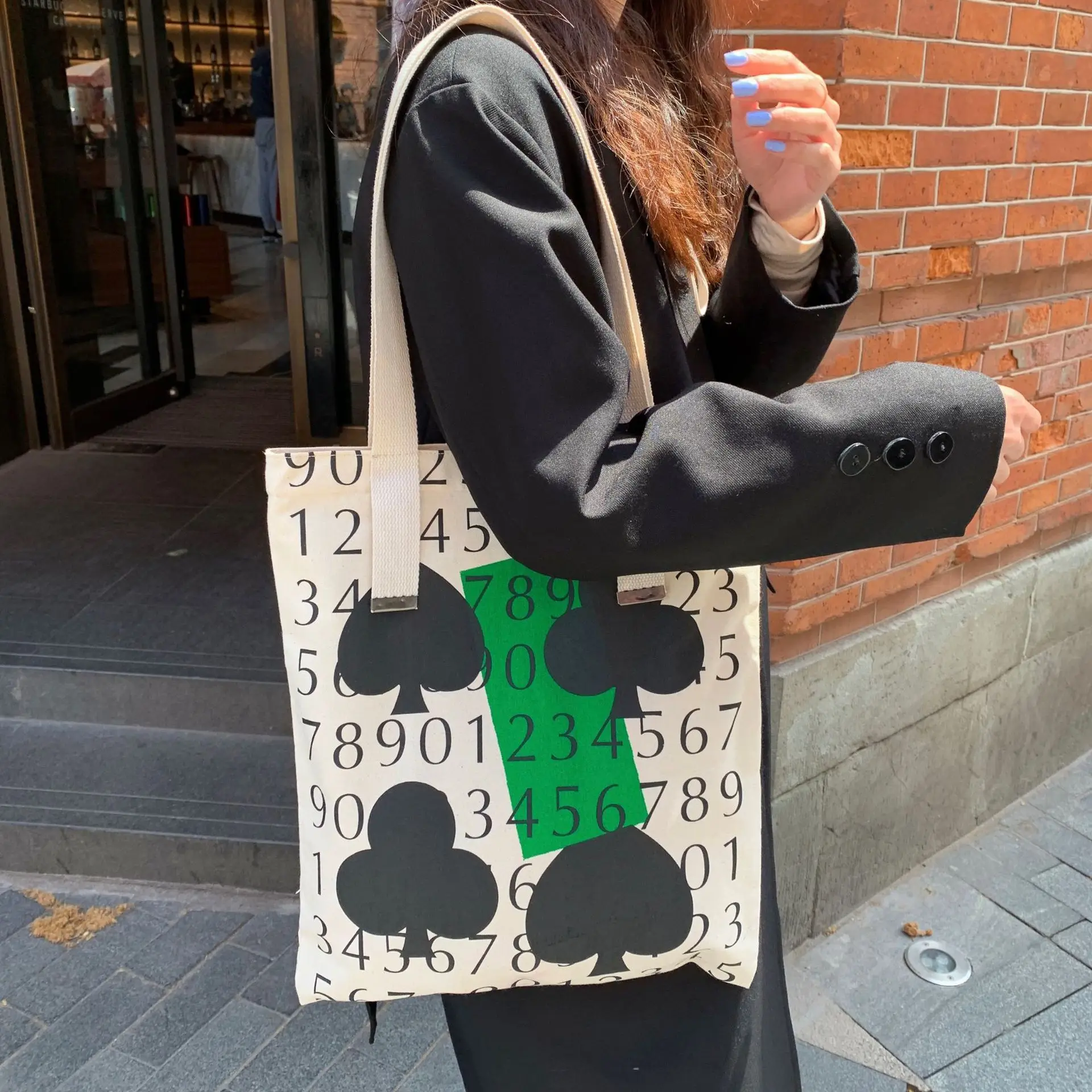 Women Bag Girls New Fashion Canvas Tote Bag Korean Poker Printing Shoulder Bags Handbag High-Capacity Shopping Bag Street Style