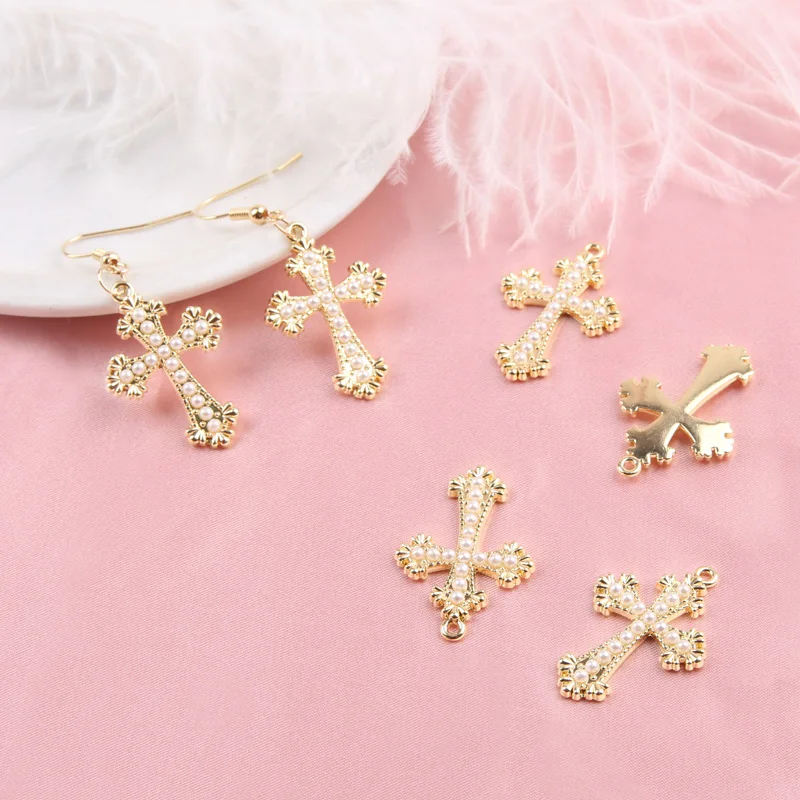 

10pcs Chic Pearl Crosses Charms Pendants Gold Tone Metal Cross Charms DIY Bracelet Earring Dangle For Jewelry Making Accessories