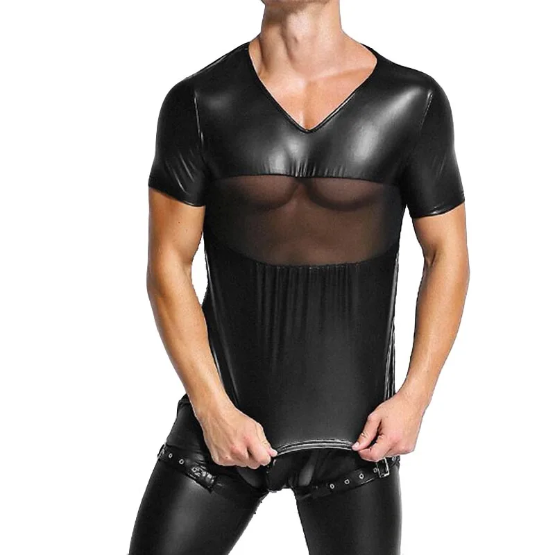 

Men Faux Leather Mesh Tank Top Tee Wet Look T Shirt Muscle Uniform Underwear Fetish Costume