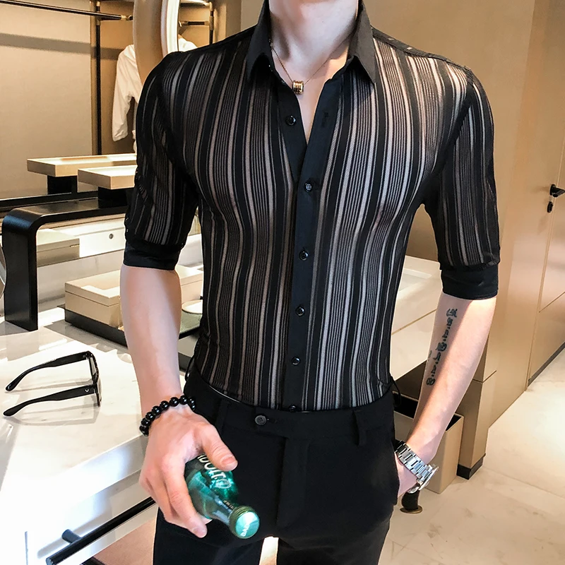 Preto branco sólido negócios casual botão para baixo sexy ver através magro ajuste camisa masculina 2020 transparente listra camisa masculina