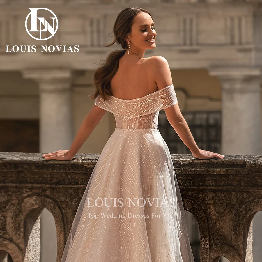 LOUIS NOVIAS A-Line 웨딩 드레스 2022 우아한 비드 스팽글 신부 가운 오프 숄더 v-넥 백리스 플로우 베스티토 Da Sposa