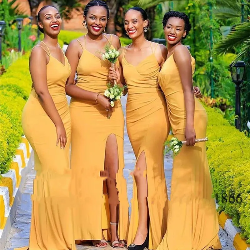 Golden Yellow V-neck Bridesmaid Dresses Side Split Criss Cross Backless Wedding Party Dress Long Mermaid For African Women 2024