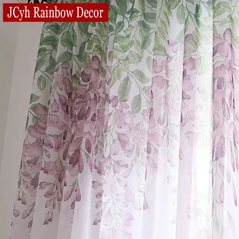 Country Style Wisteria Purple Flower Tulle Curtains For Living Room Bedroom Kitchen Window Screens Modern Sheer Curtains Rideaux