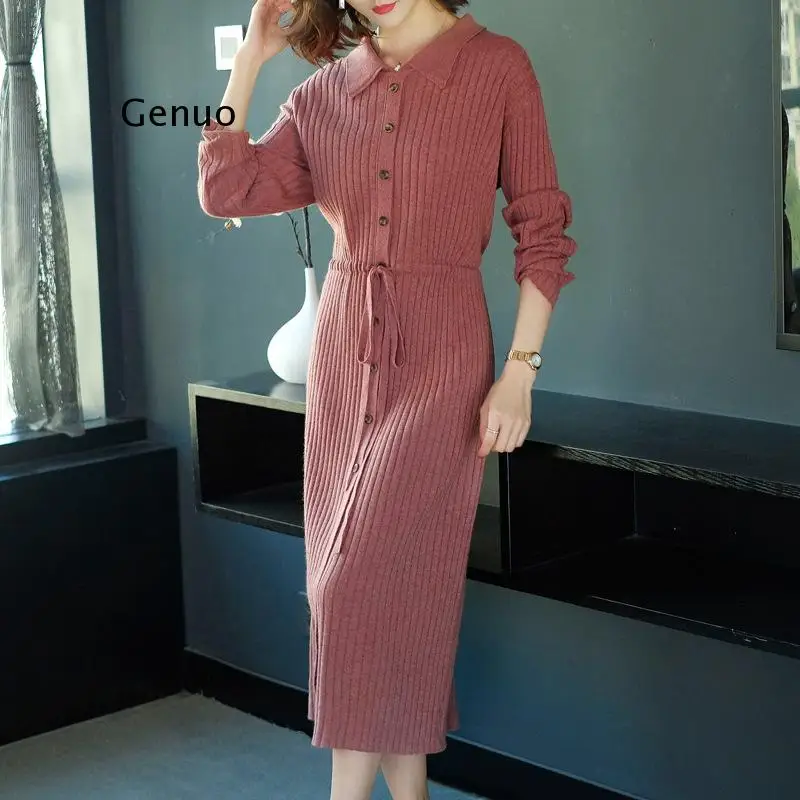 Autumn Winter Women Long Sleeve Sweater Dress Solid Warm Sashes Knit Straight Medium Length Dress Bottoming Casual Fashion Lady