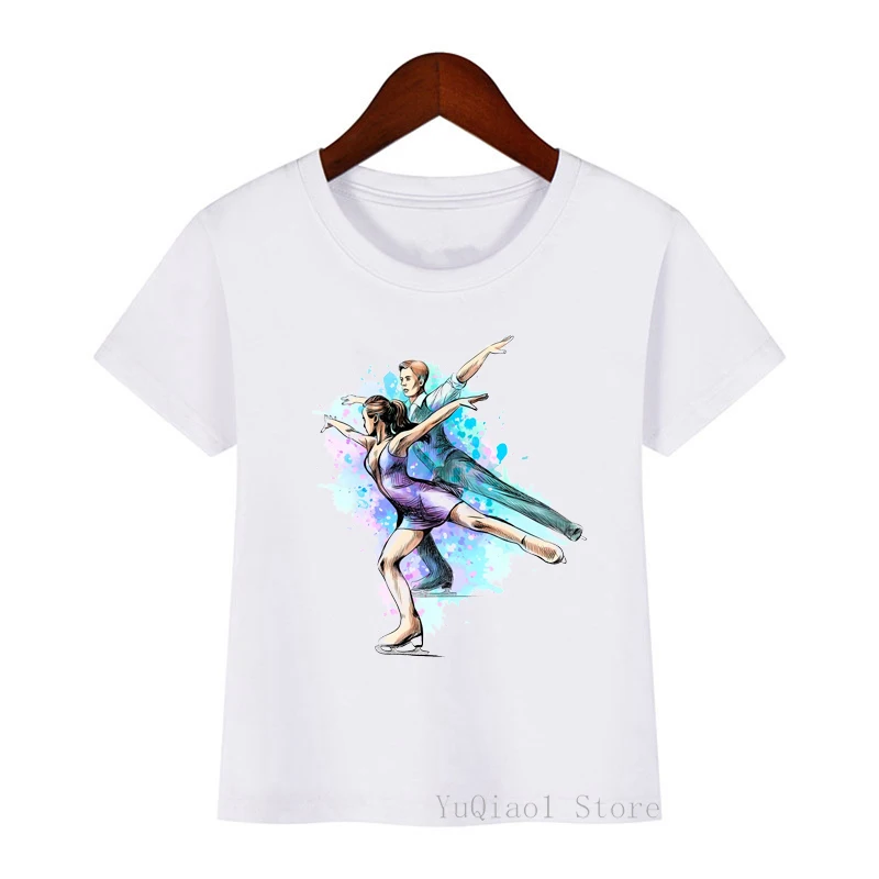 Watercolor Figure Skating Art Print Tshirt Boys Girls Class Clothes White T Shirt Kids Top Children\'S Clothing From 3 To 13 Year