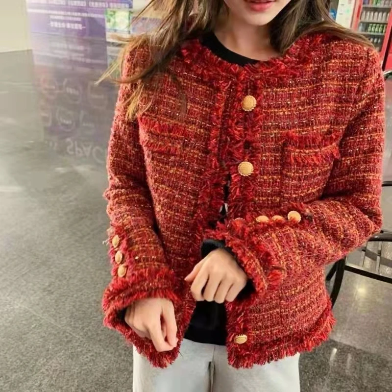 Woman's Outwear Desinger Coat Tweed Jacket O-Neck OL Patchwork Tassel Ins Elegant High Street Office Lady Vintage Business Red