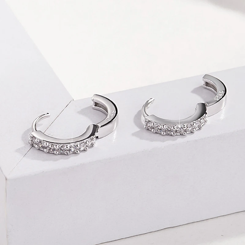 New Punk Rock Jewelry Girl&Men 925 Sterling Silver Simple Exquisite Hoop Earrings Unisexual Shine Rhinestone Hook Ear Circle