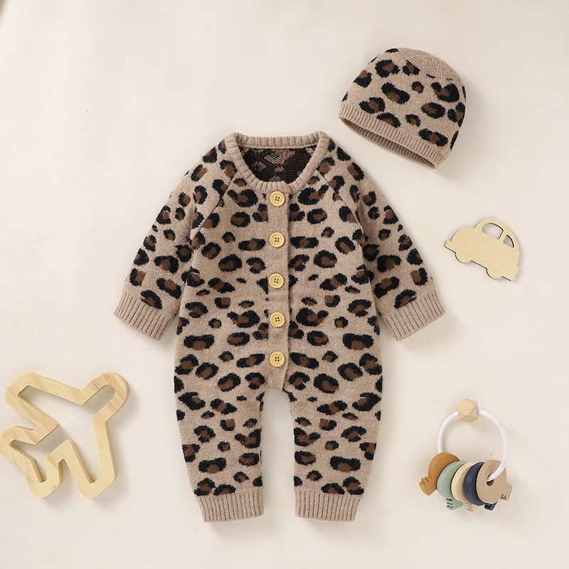 Newborn Baby Romper Knit Infant Boy Girl Jumpsuit Outfits Fashion Dot Leopard Toddler Kid Clothing Hat Long Sleeve Fall Playsuit