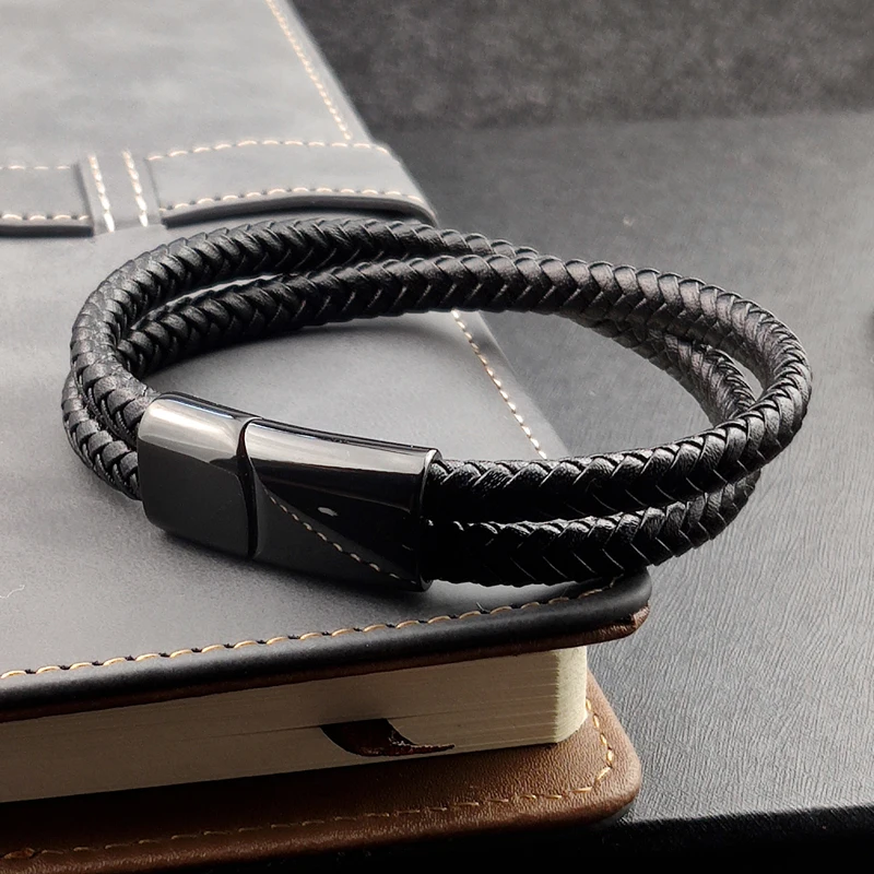 Punk Charm Customize Name black/brown/blue/coffee Braided Leather Bracelet For Men Engraved Stainless Steel For Women Jewelry