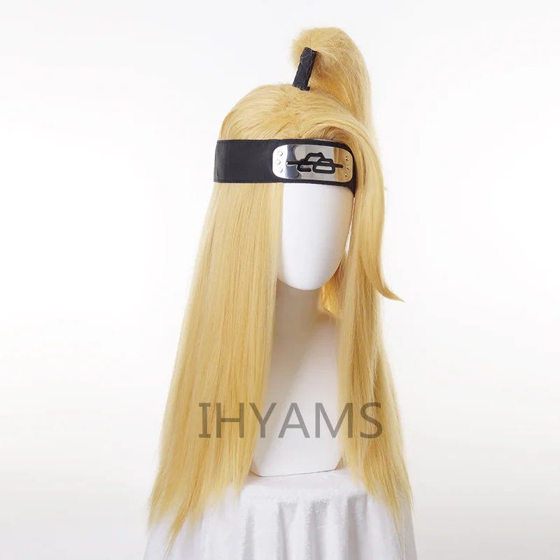 Parrucche cosplay Akactuki parrucca cosplay Deidara di Halloween per uomo Parrucche lunghe dorate Capelli sintetici + fascia + berretto per parrucca