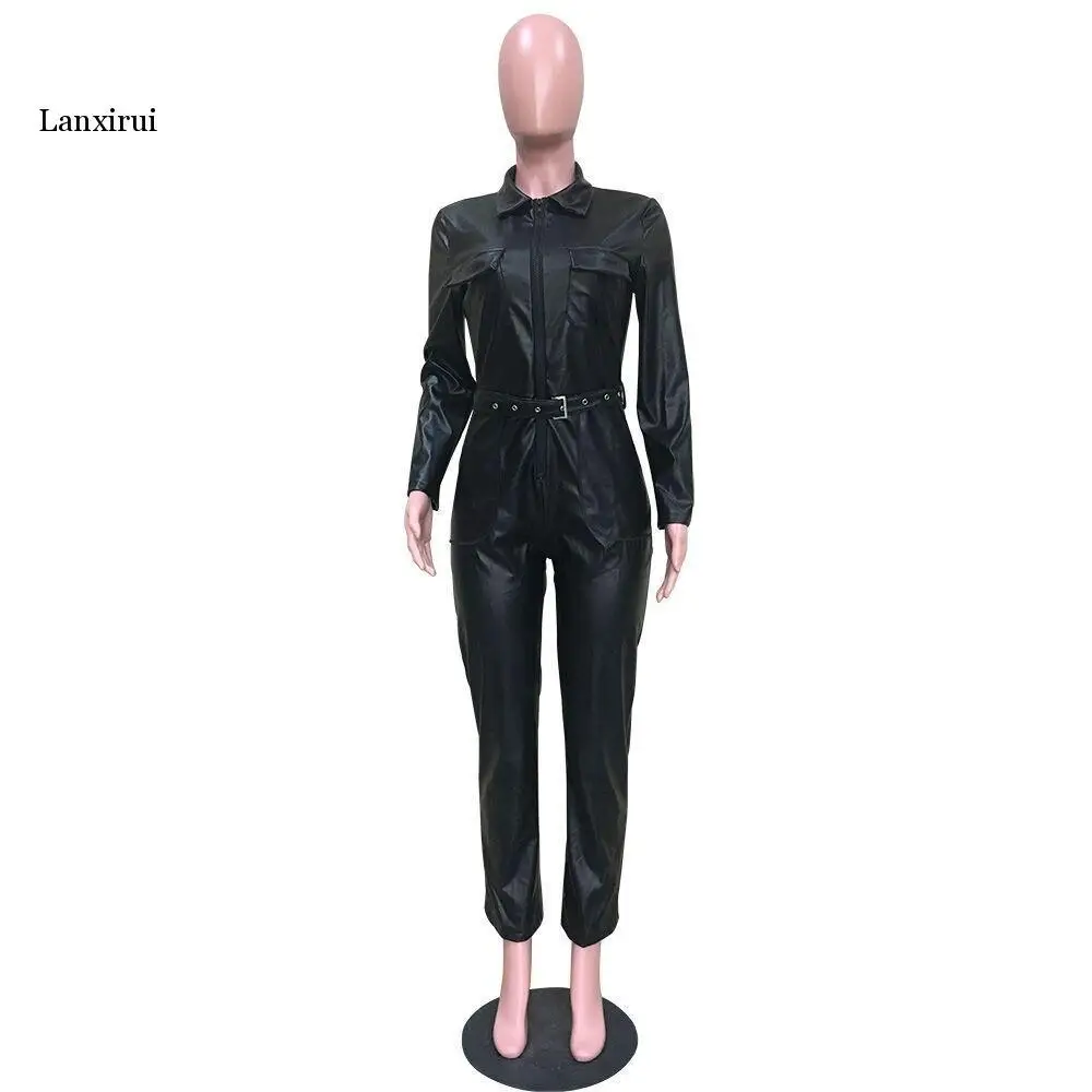 Women Faux Leather Jumpsuit Long Sleeve Pu Deep V Jumpsuit Bodycon Zipper Party Jumpsuit With Belt