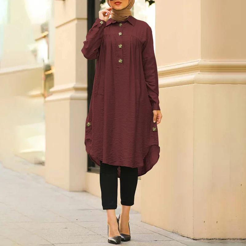 New Summer Muslim Solid Blouse For Women Simple Cotton Linen Long Shirt Saudi Arabia Islam Femme Tops Lady A-Line Shirt Dresses