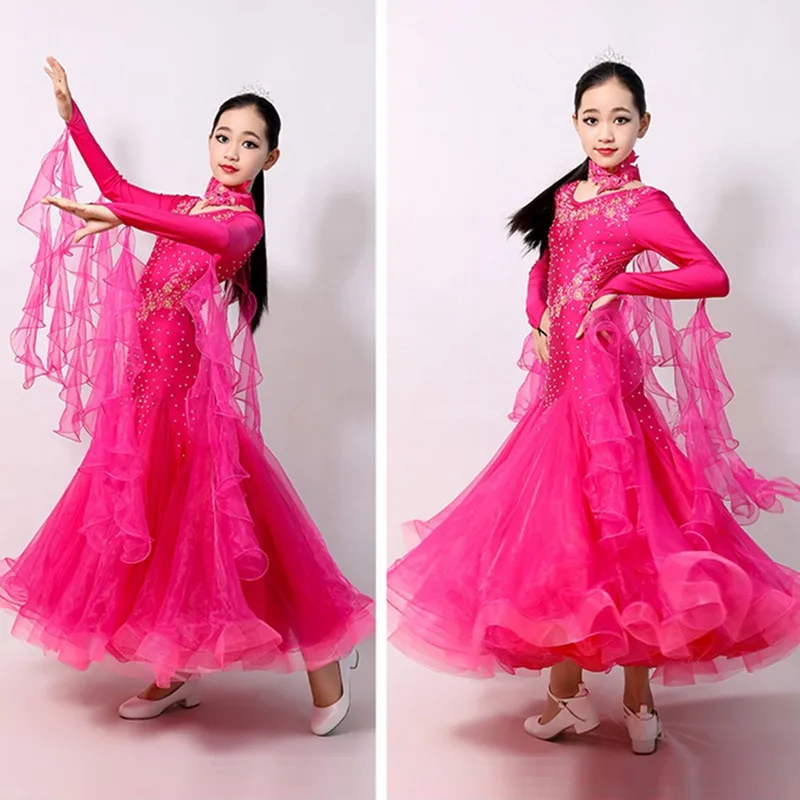 Rose Long Sleeves Girls Ballroom Dance Competition Dresses Waltz Dance Dress For Kids Dance Costumes Ball Gown Princess Costumes