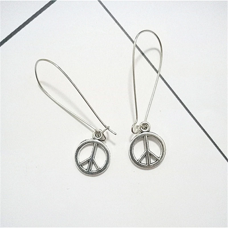 Antique Silver Color Peace Earrings, Peace Sign Charms Earrings, Wire Earrings, Symbol Jewelry