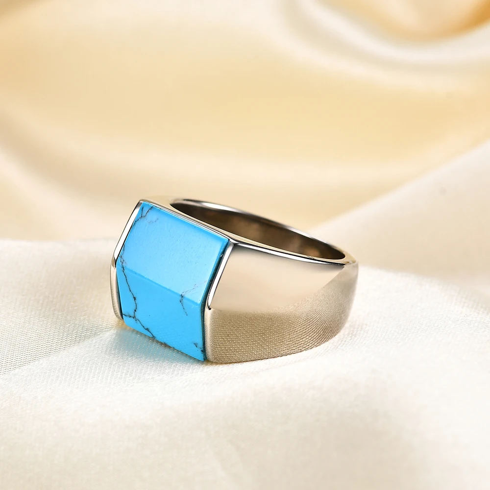 High Quality Turquoise Signet Ring For Men Stainless Steel Square Blue Stone Ring Vintage Turquoise Jewelry Gift Accessories