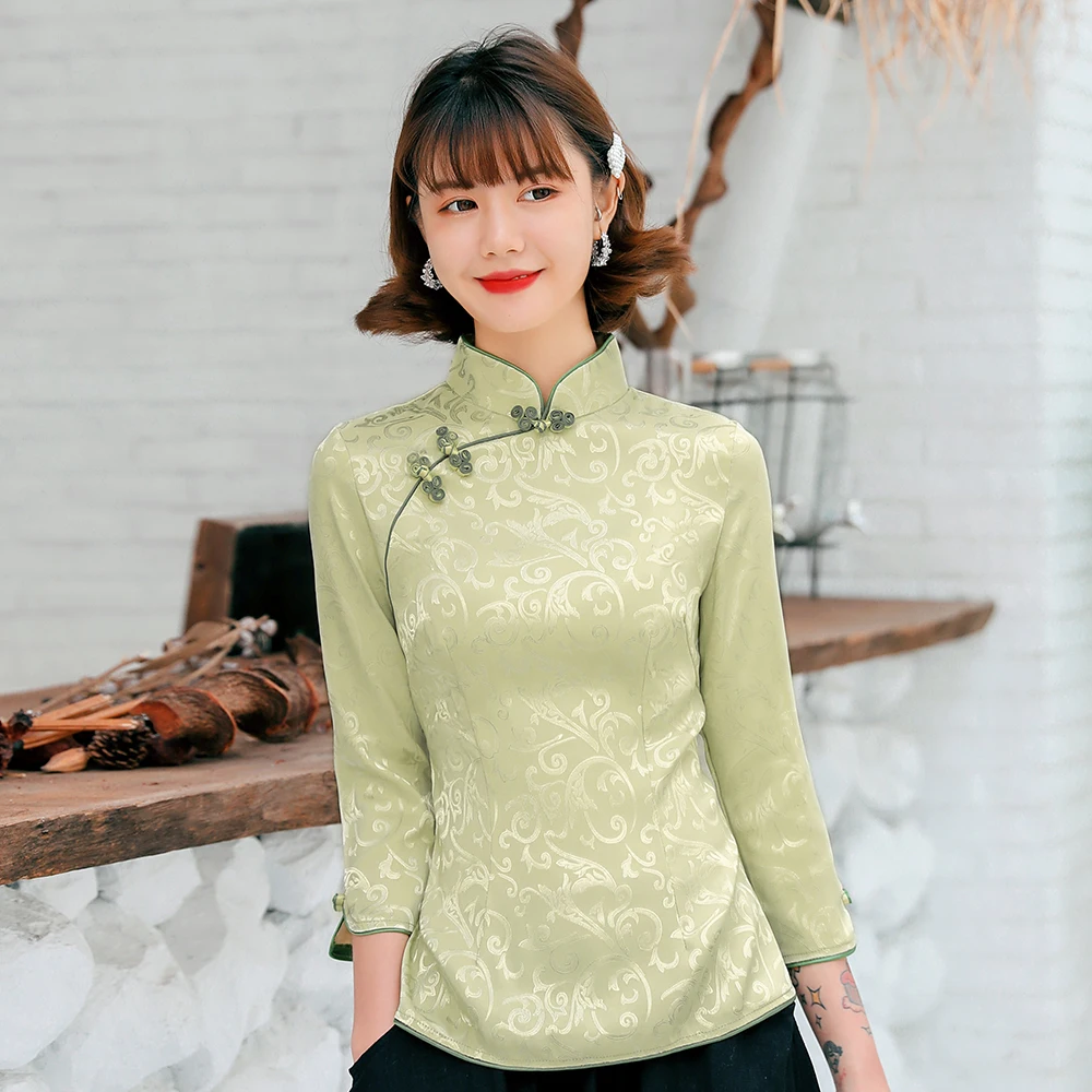 Elegant Satin Chinese Women Mandarin Collar Shirt Novelty Green Printed Blouse Half Sleeve Classic Handmade Button Tops