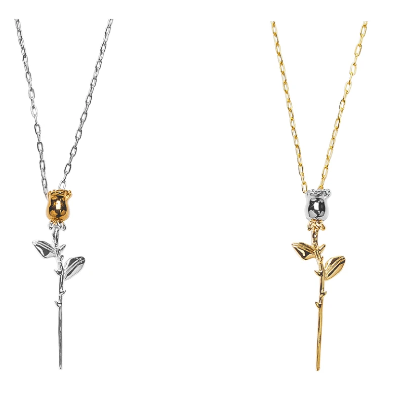 Hip Hop Punk Rose Flower Pendant Necklace Fashion Clavicle Sweater Chain Titanium Steel Necklace For Men Girls Women Jewelry