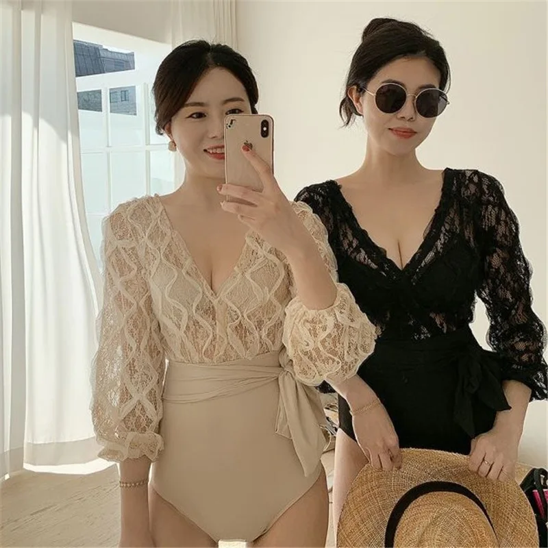 2021 New Long Sleeve One Piece Swimsuit Women Solid Lace Swimwear Monokini Surfing Suit High Cut Monokini Bathing Beachwear