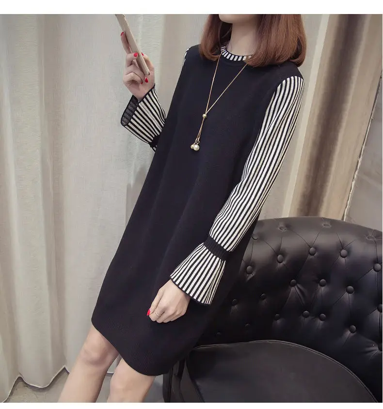 Autumn And Winter New Sweater Round Neck Dress Korean Version Of Loose Fashion Women Hedging Base Mid-length Knitted Dress