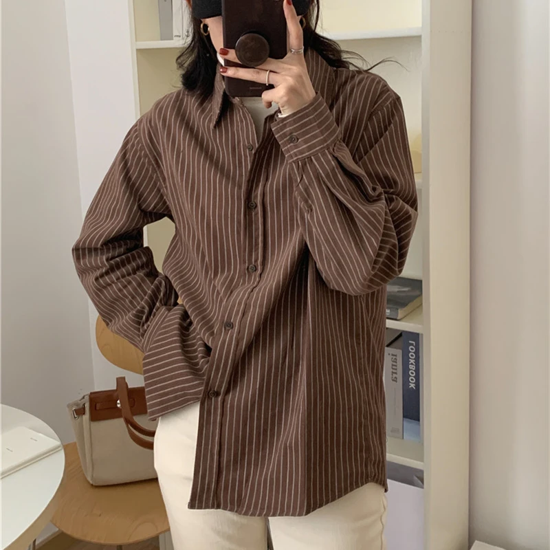 BL9352 New 2023 Spring Autunm Women\'s Blouses Fashionable Korean Striped Vintage Shirts Oversized Corduroy Elegant Lady Tops