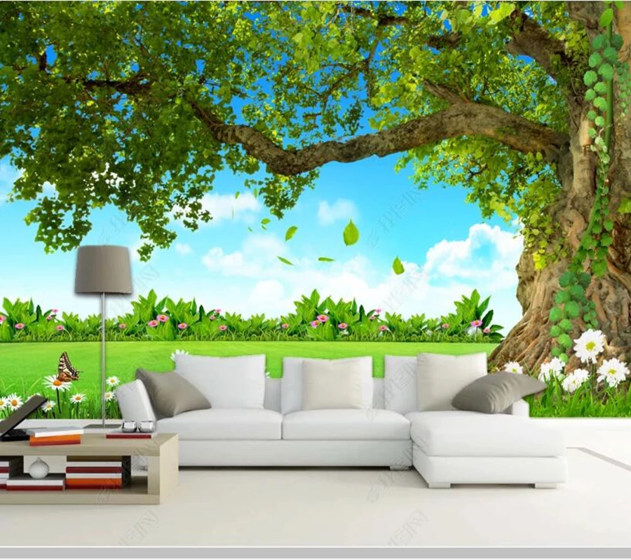 

Papel de parede 3d blue sky green land and big tree wallpaper mural living room tv wall bedroom wall papers home decor