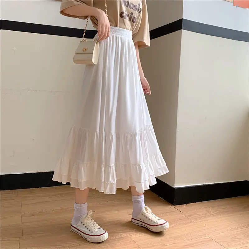 Long Skirts Women Preppy Style Solid A-line Vintage High-Waist Summer Teen Girls Frill Ruffles Bottoms Chic Pastel Mujer Faldas