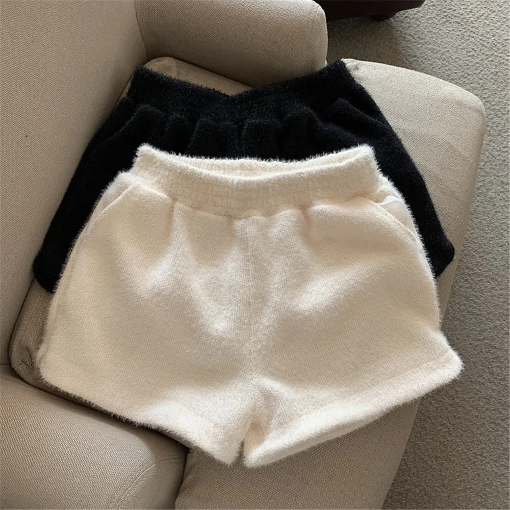 knit shorts autumn and winter women mink fur shorts female loose hot girl a-line wide-leg high waist straight boots shorts