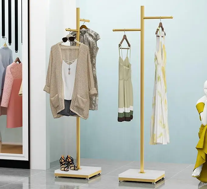 Simple floor clothing store display rack women's clothing store web celebrity shelf metal gold clothes rack station window hange