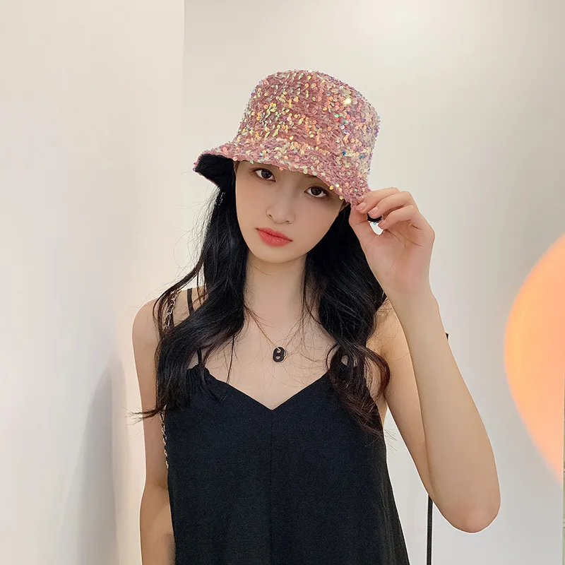 Spring and Summer Ladies Sun Hat Korean Wild Colorful Sequined Fisherman Hats Japanese Fashion Personality Catwalk Basin Cap