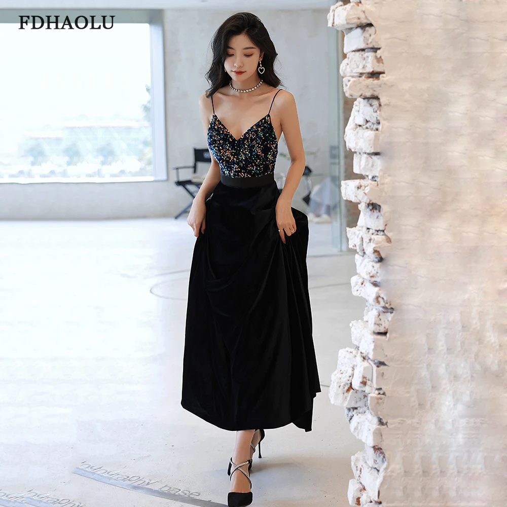 

FDHAOLU FU116 Evening Dresses Elegant A Line Sequined V Neck Spaghetti Strap Draped Formal Party Gowns For Womens Vestidos