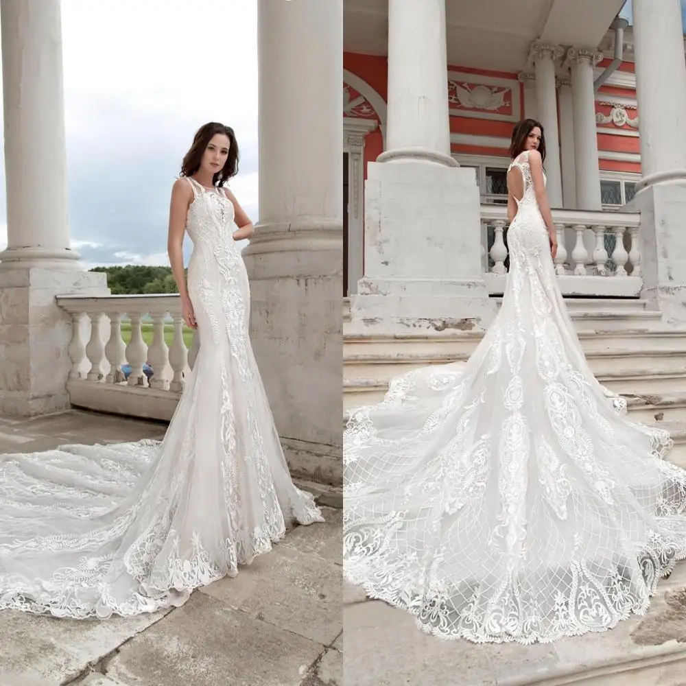 

2020 Wedding Dresses Jewel Sleeveless Lace Appliques Bridal Gowns Hollow and Lace-up Back Sweep Train Mermaid Wedding Dress