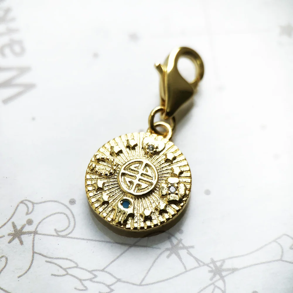 Golden Lucky Coin Charm For Women 925 Sterling Silver Vintage Pendant Pure Happiness Gift