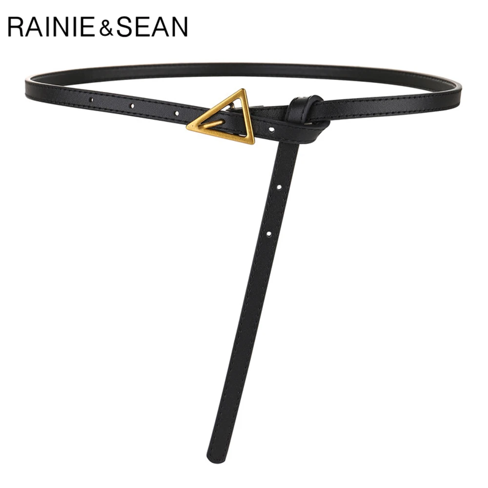 RAINIE SEAN Genuine Leather Belts for Women High Quality First Layer Cowskin Thin Waist Belt Triangle Buckle Ladies Dress Belt