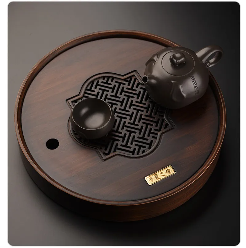 Round BambooTea Tray Water Storage Chinese Tea Borad Kung Fu Tea Set tea Table Retro Window Grille Design