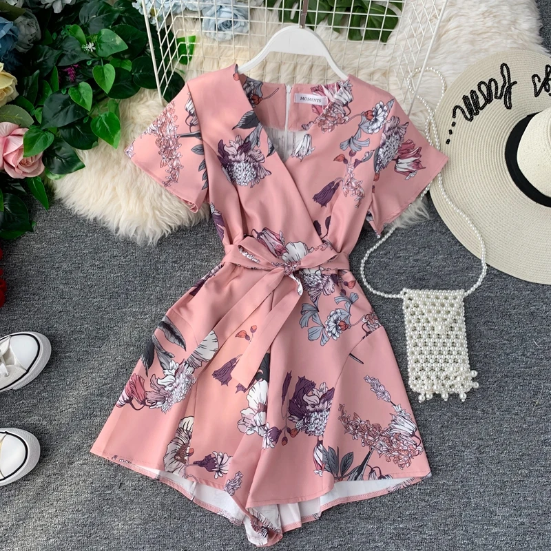 Women Floral Summer Playsuit Sexy V Neck Fashion Short Jumpsuit Beach Boho Playsuits and Jumpsuits Rompers KJ5251