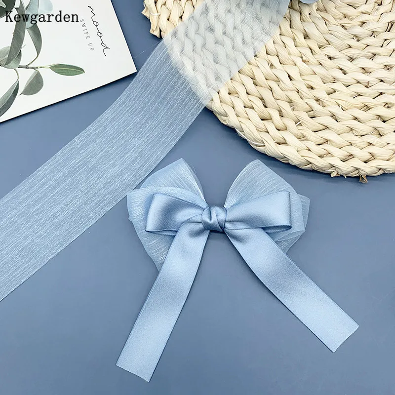 Kewgarden Wholesale 6CM Stripe Wrinkle Tulle Ribbon Handmade Tape Voile Ribbons DIY Bowknot Accessories Riband 50 Yards