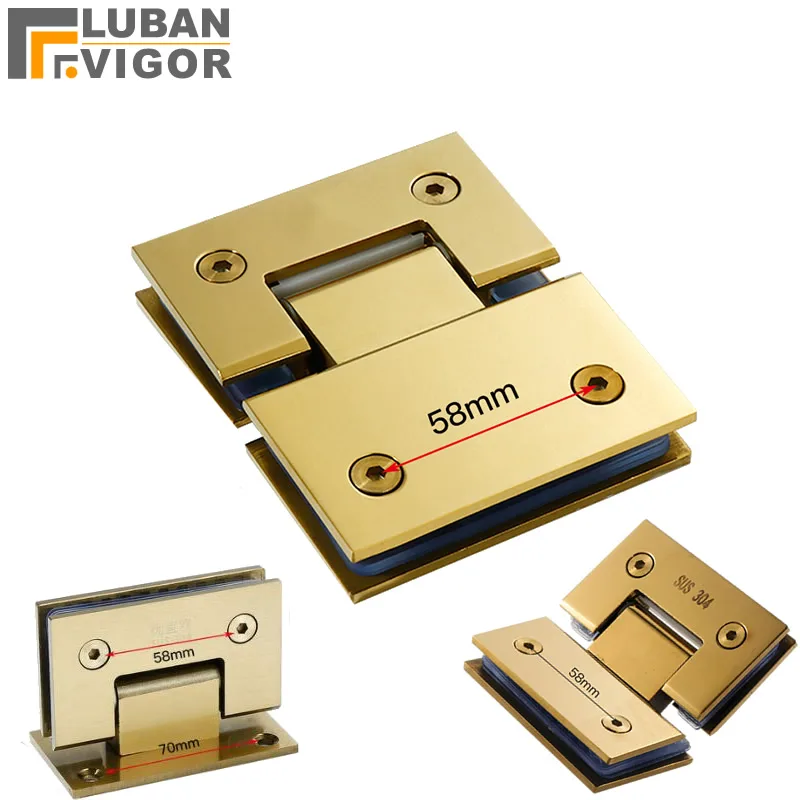 

Brushed gold color Shower room glass door clip clamp glass door hinge double 90 degrees Glass hardware