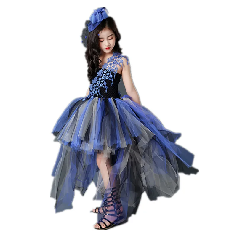 Girls Princess Dress High-End Black and Purple Halloween Party Tutu Dresses with Train Tulle Kids Clothes Lace Dresses for Girls