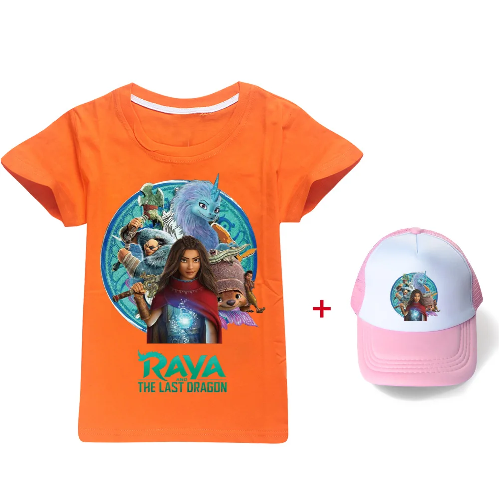 Camiseta de algodón con dibujos de Raya y el último dragón para niñas, ropa de verano, Tops de manga corta, trajes para niños con gorro