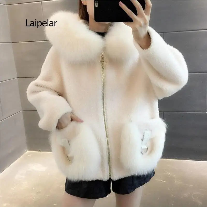 ผู้หญิงสั้นเสื้อขนสัตว์ฤดูใบไม้ร่วงฤดูหนาวเกาหลีปลอม Fox Fur Collar เสื้อกันหนาว