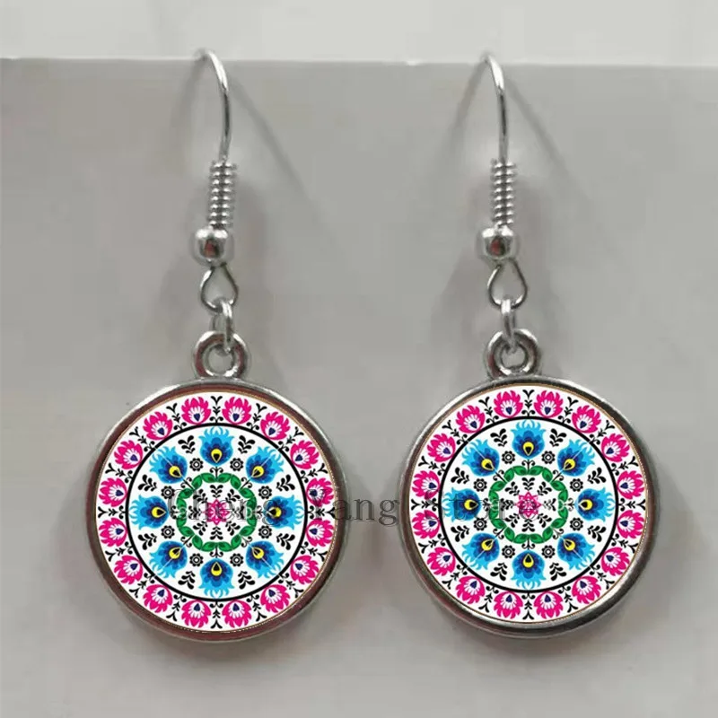 2020 new Polish folk art picture fashion earrings, glass convex round modern paper-cut element earrings