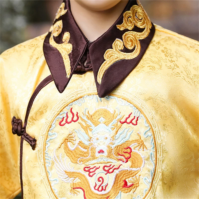 Chinese Boys Traditional Autumn Winter Yellow Embroidery Hanfu Children New Year Tang Suit Stage Performance Emperor Costumes