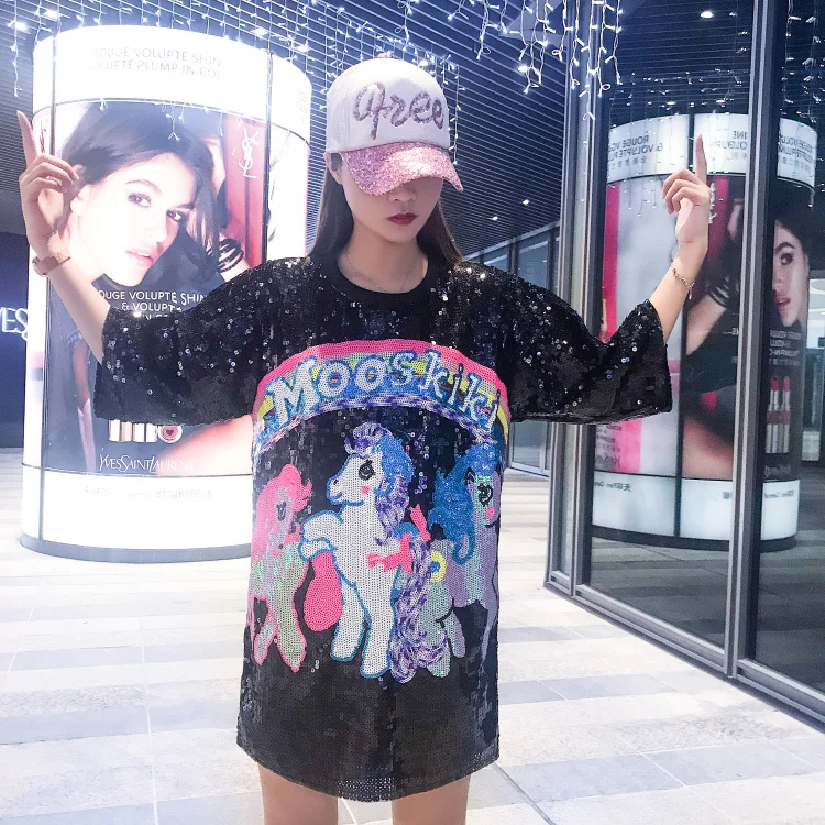 Summer New Streetwear Hip Hop Top Cartoon T-Shirt Female Chic Loose Sequins Short Sleeve Round Neck Fashion Nightclub Tops