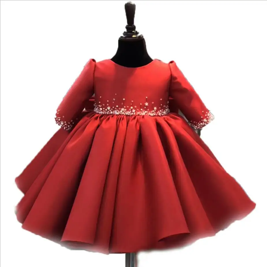 Red Tulle Baby Girl Baptism Dress Long Sleeve Wedding Dress Beading Toddler Girl Clothes Newborn Baby Birthday Ceremonies Gown