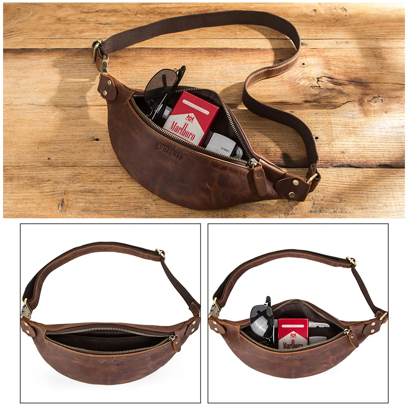 Contact\'s Crazy Horse Leather Waist Packs Hip bag Banana bag Large Capacity Fanny Pack for men Casual Chest Bag for Man Belt Bag