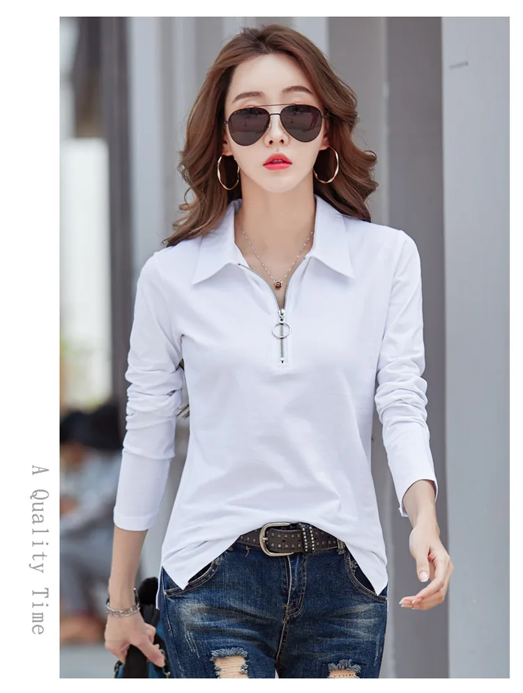 Shintimes Solid Zipper T Shirt Female 2024 Womens Long Sleeve Tops Spring Full Slim Cotton TShirt Woman Clothes T-Shirt Femme