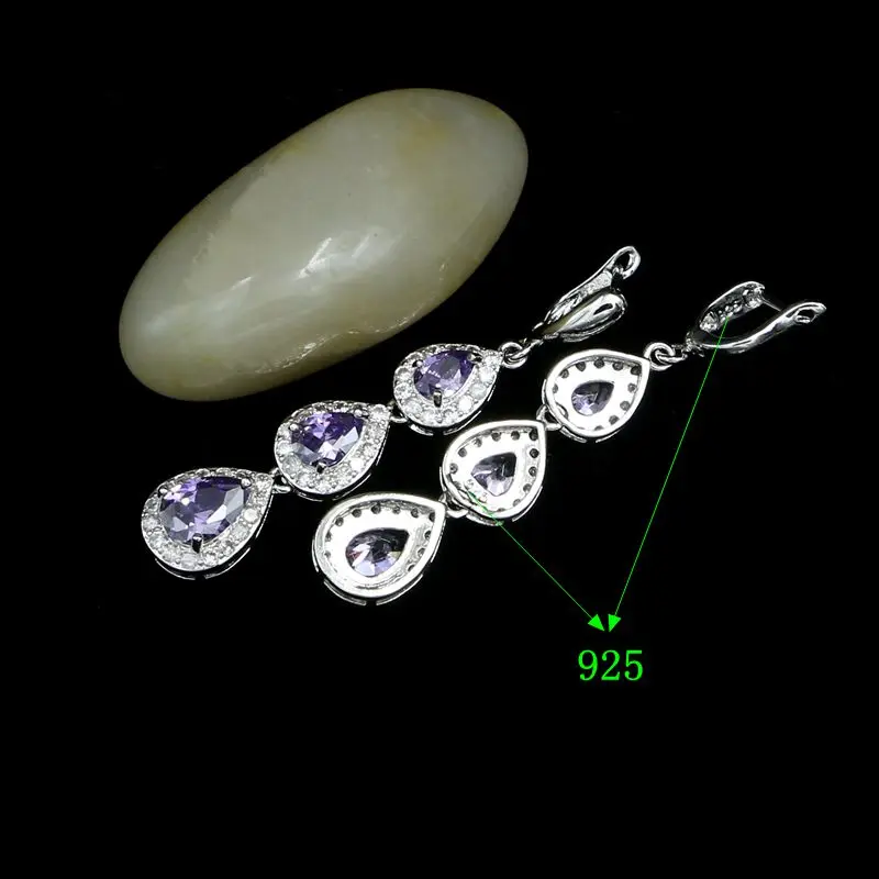 Water Drop 925 Sterling Silver Earrings for Women Purple Cubic Zirconia White Crystal Long Earrings