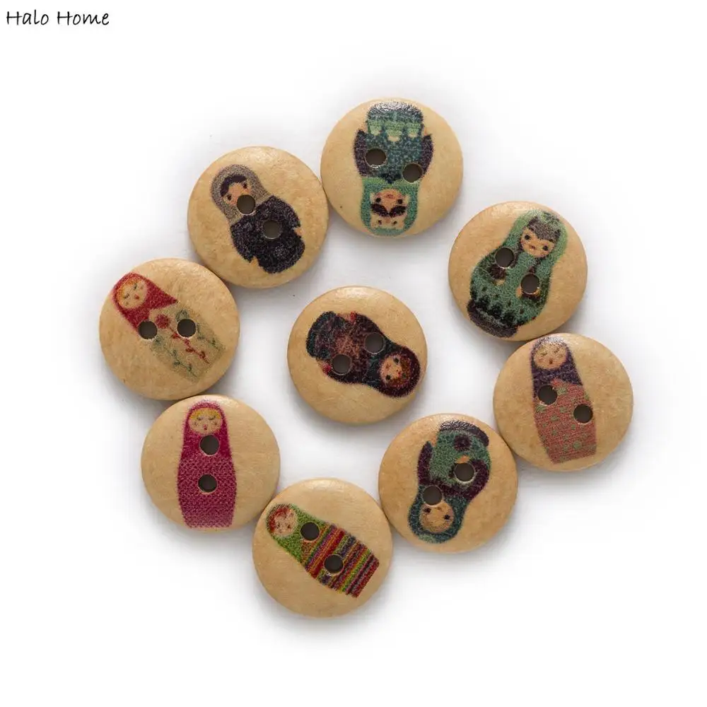 50pcs 15mm 2color Matryoshka Printing Round Wood Buttons Sewing Scrapbook Clothing Gifts Crafts Handwork Accessories